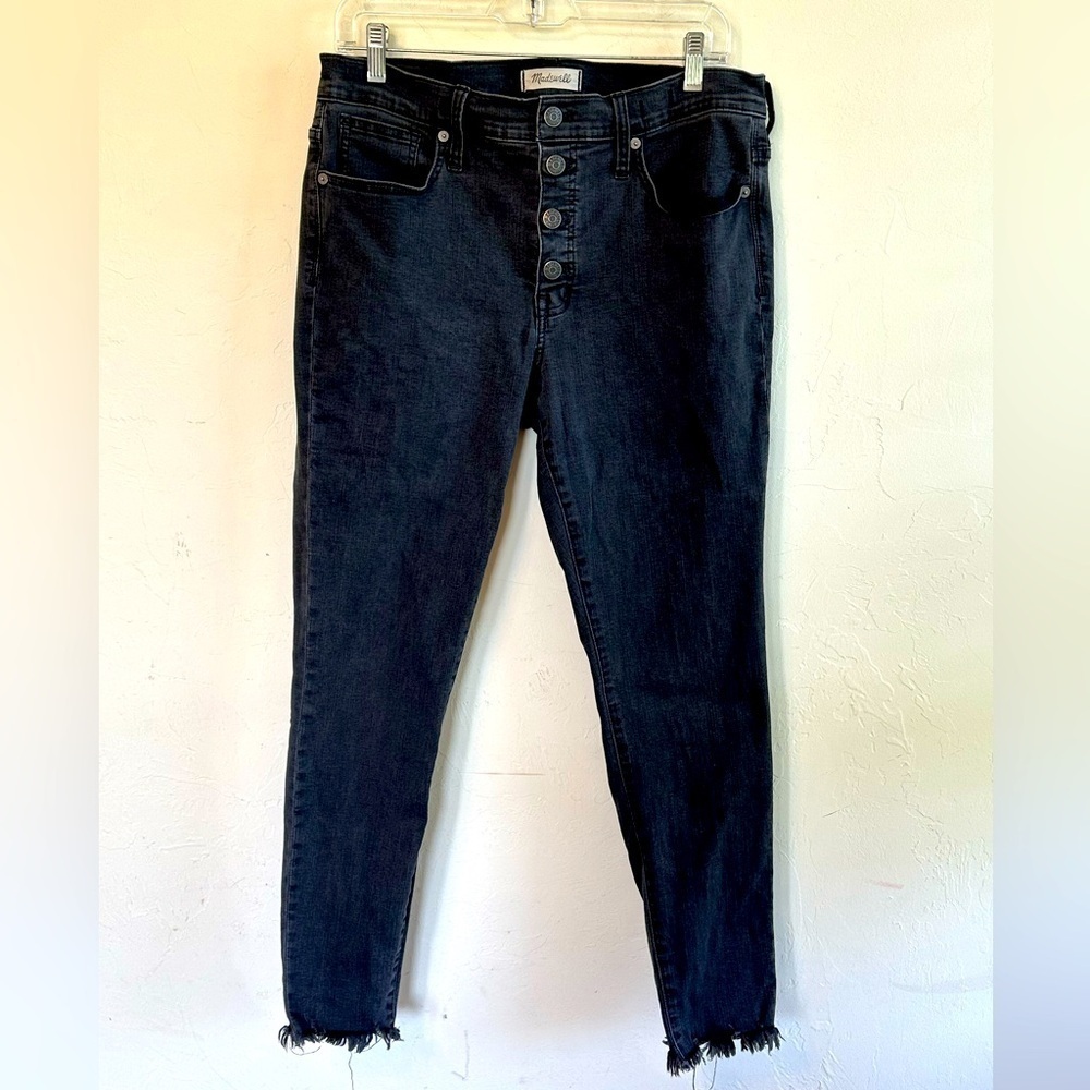 Madewell Black Denim 9” High-Rise Skinny Frayed Hem Button Fly Jeans Sz 31